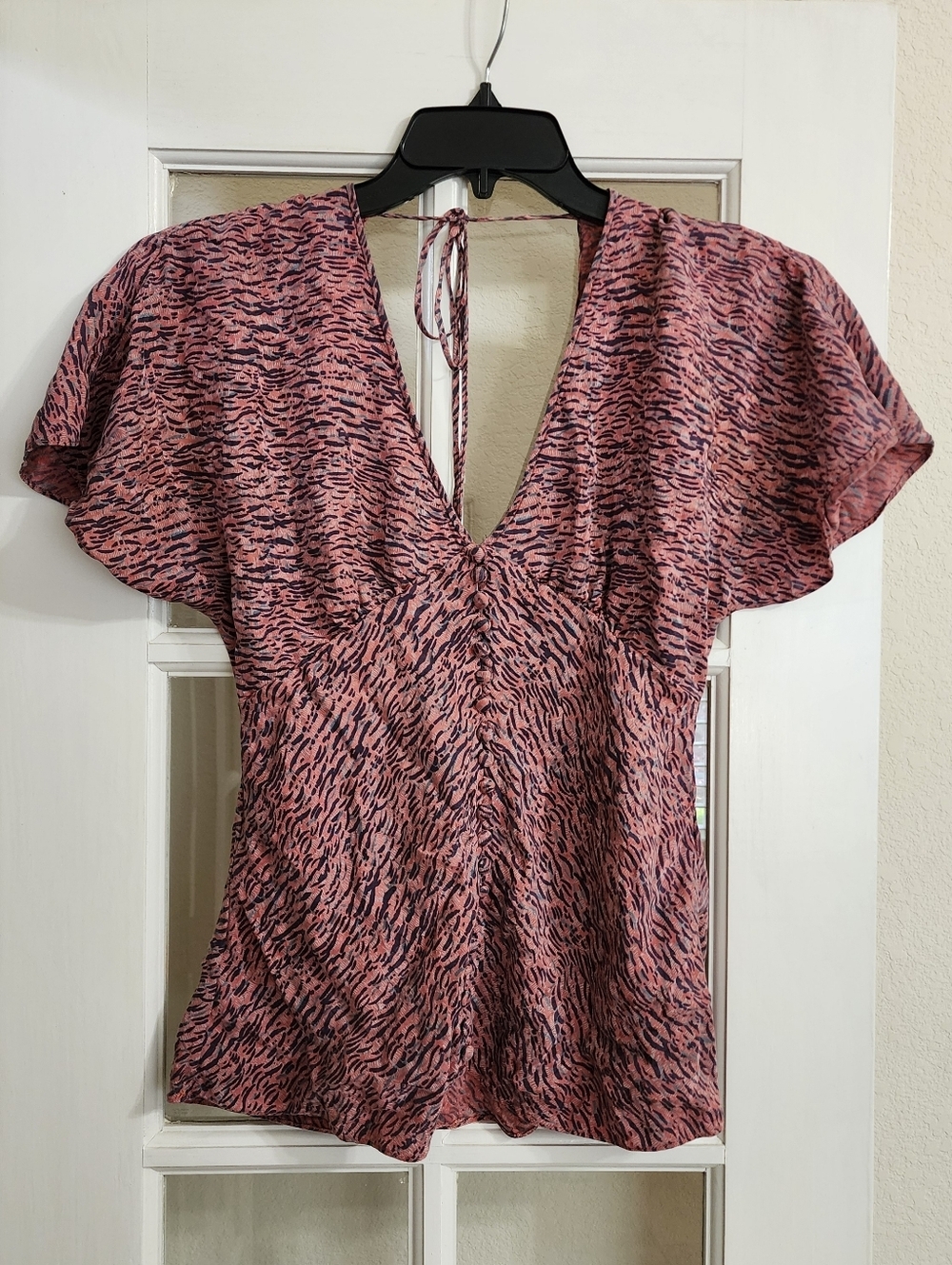 Silk Coquette Tie Back Blouse Animal Print Ruched Peplum ESTIMATED XS READ DESC
